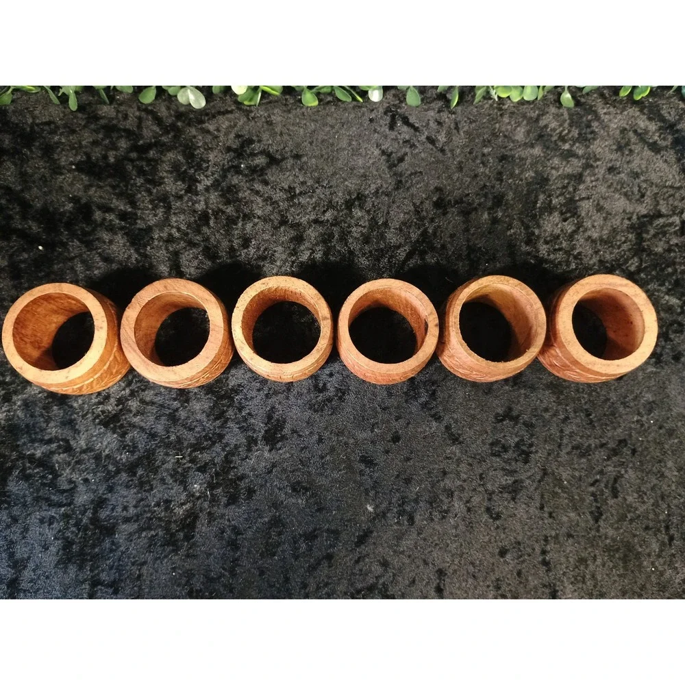 Set of 6 Hand Carve Wood Napkin Rings Leaf Pattern Rustic Brown Boho Table Decor